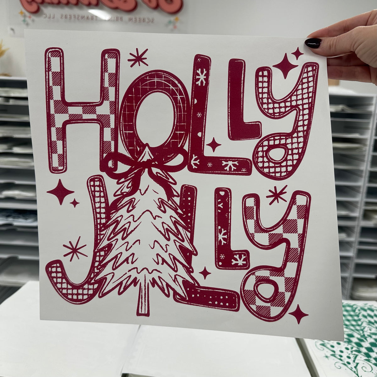 RED holly jolly screen print transfer•