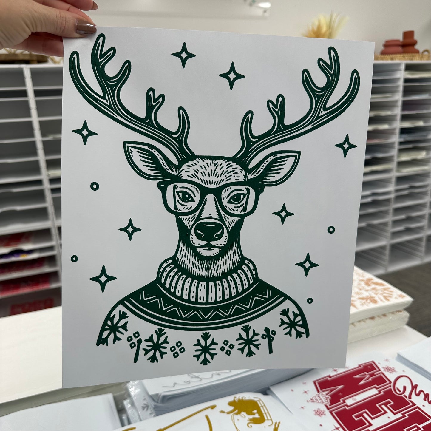 hipster reindeer screen print transfer