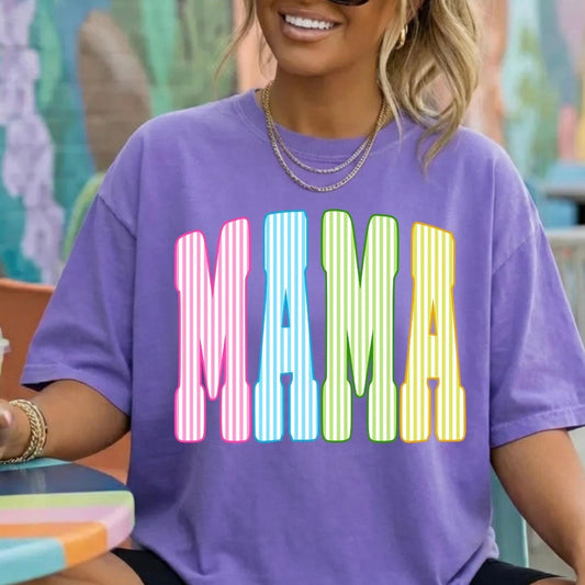 striped MAMA clear film screen print