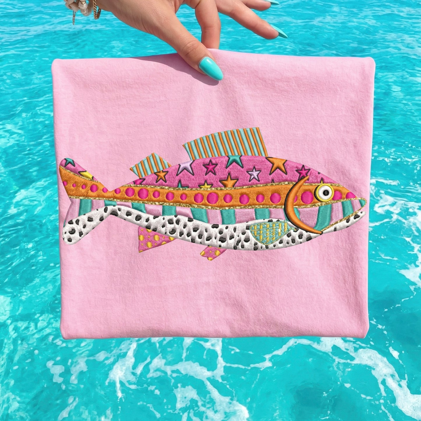 faux embrioidered  fish clear film screen print•