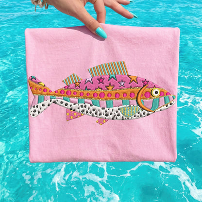 faux embrioidered  fish clear film screen print•