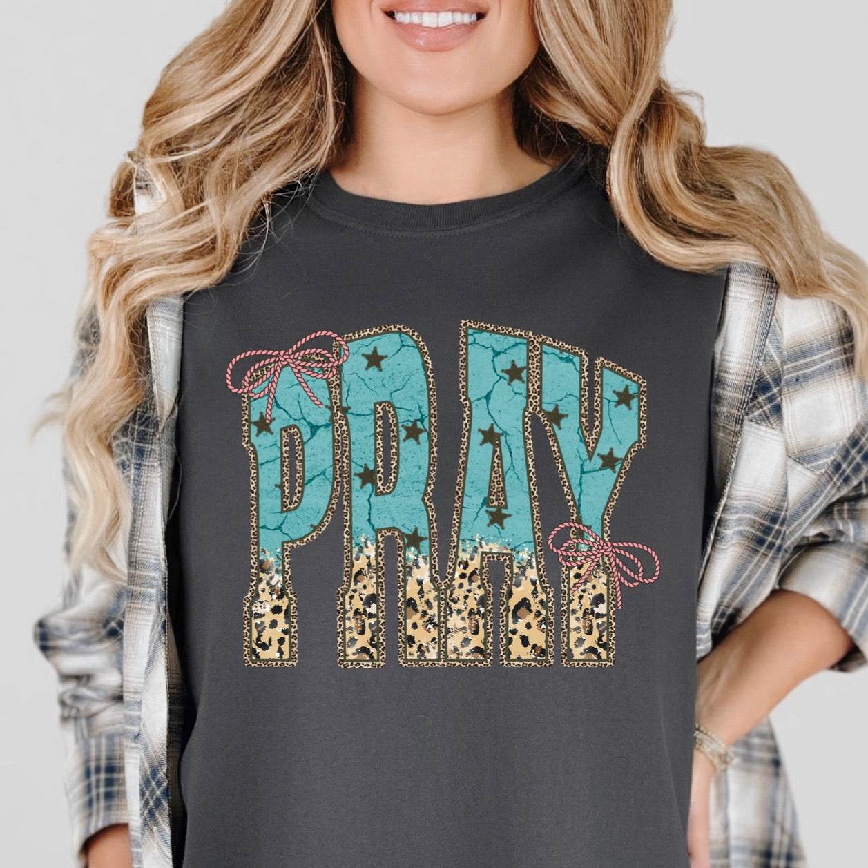 PRAY turquoise & leopard clear film screen print