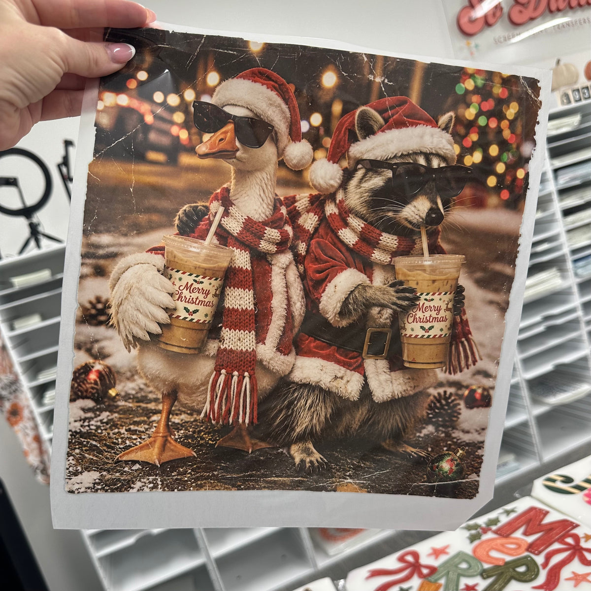 PRE-ORDER christmas goose & raccoon dtf 5-10 biz day tat