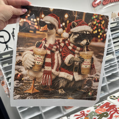 PRE-ORDER christmas goose & raccoon dtf 5-10 biz day tat