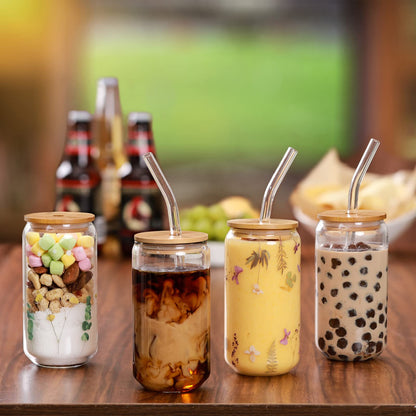 Drinking Glasses with Bamboo Lids and Glass Straw 4pcs Set - 16oz Glass Cups, Iced Coffee Glasses