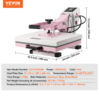 VEVOR Heat Press, 15 x 15 in Digital Heat Press Machine, Slide Out Heat Transfer Machine