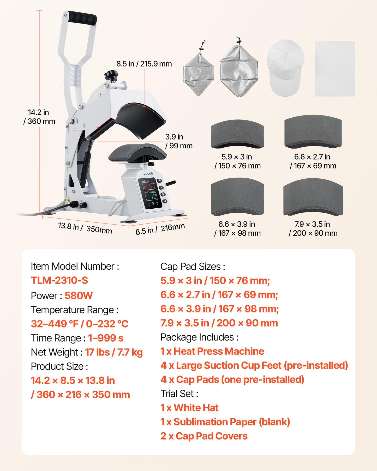 VEVOR Hat Heat Press Machine, with 4 Interchangeable Platens and Caps Stretcher, Precise Temperature & Time Control, Heat Press for Hats and Caps