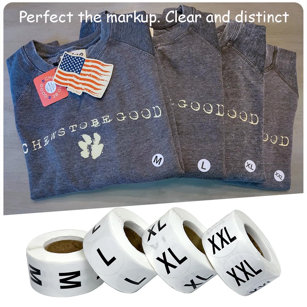 3500 Pcs Clothing Size Stickers, 1 Inch Round Self Adhesive, 7 Sizes XS-S-XXXL for T Shirts (Black)