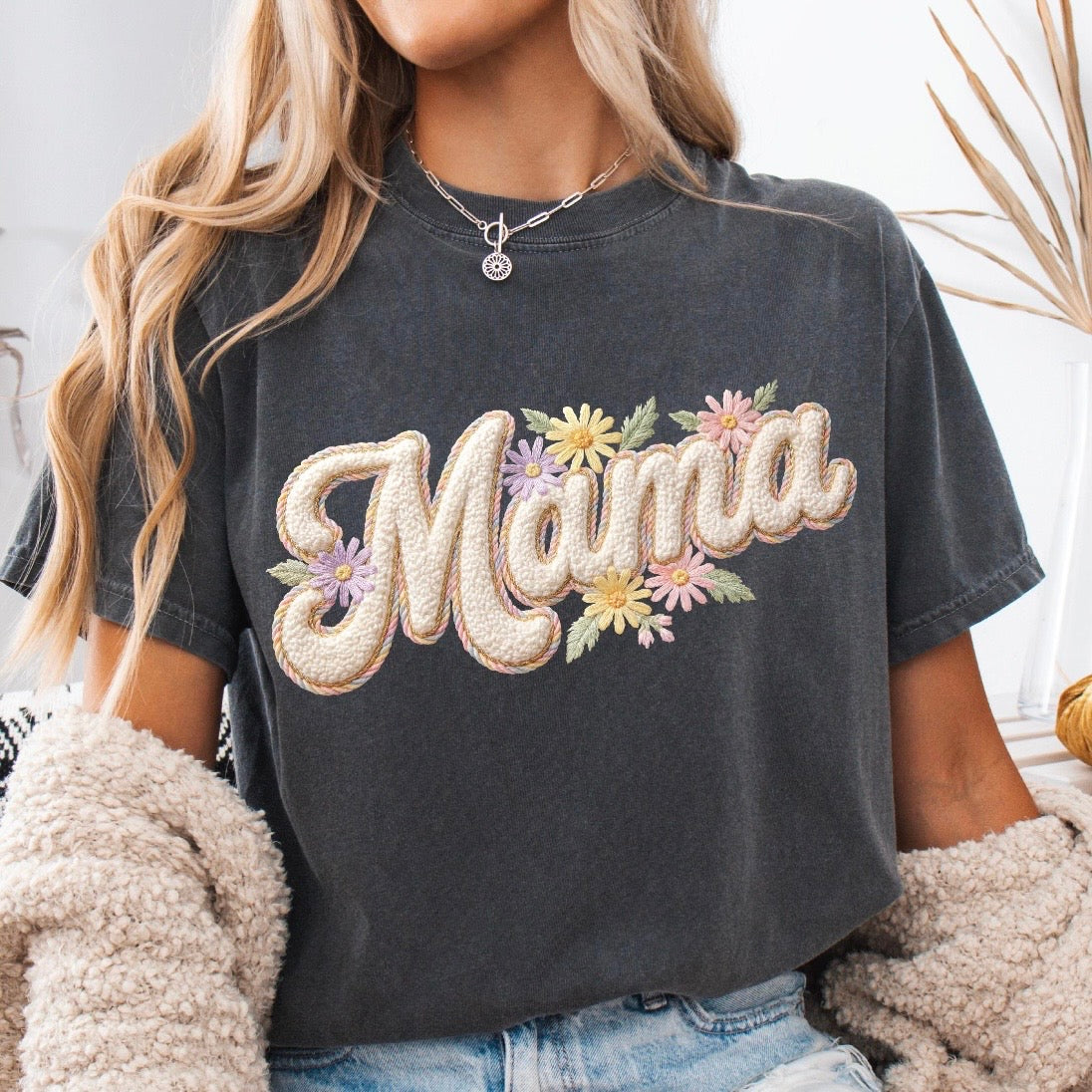 faux yarn floral MAMA clear film screen print