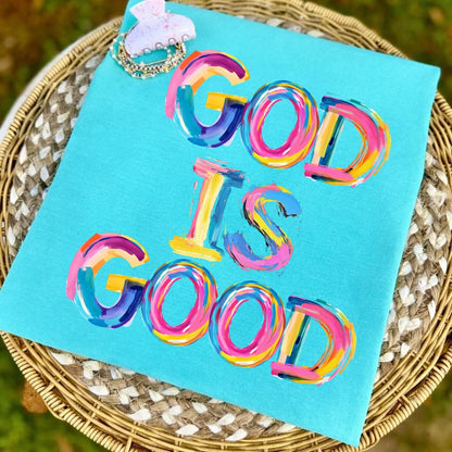 brushstroke GOD IS GOOD clear film screen print