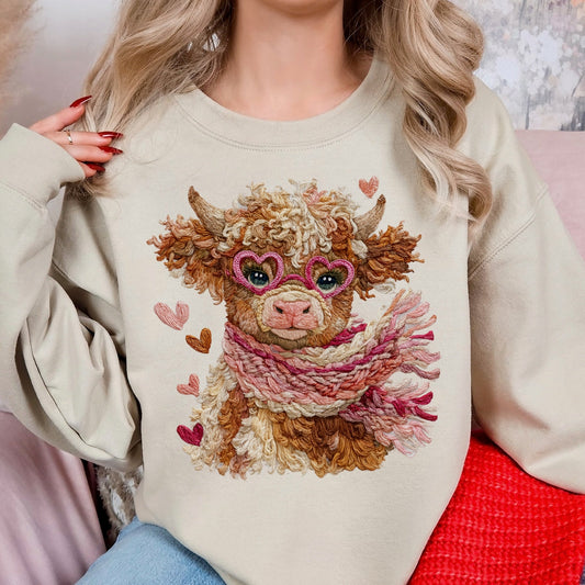 Person wearing a beige sweatshirt with a cow design and heart patterns.