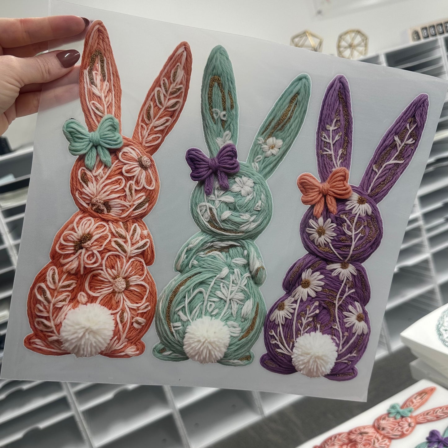 faux yarn bunny trio clear film screen print