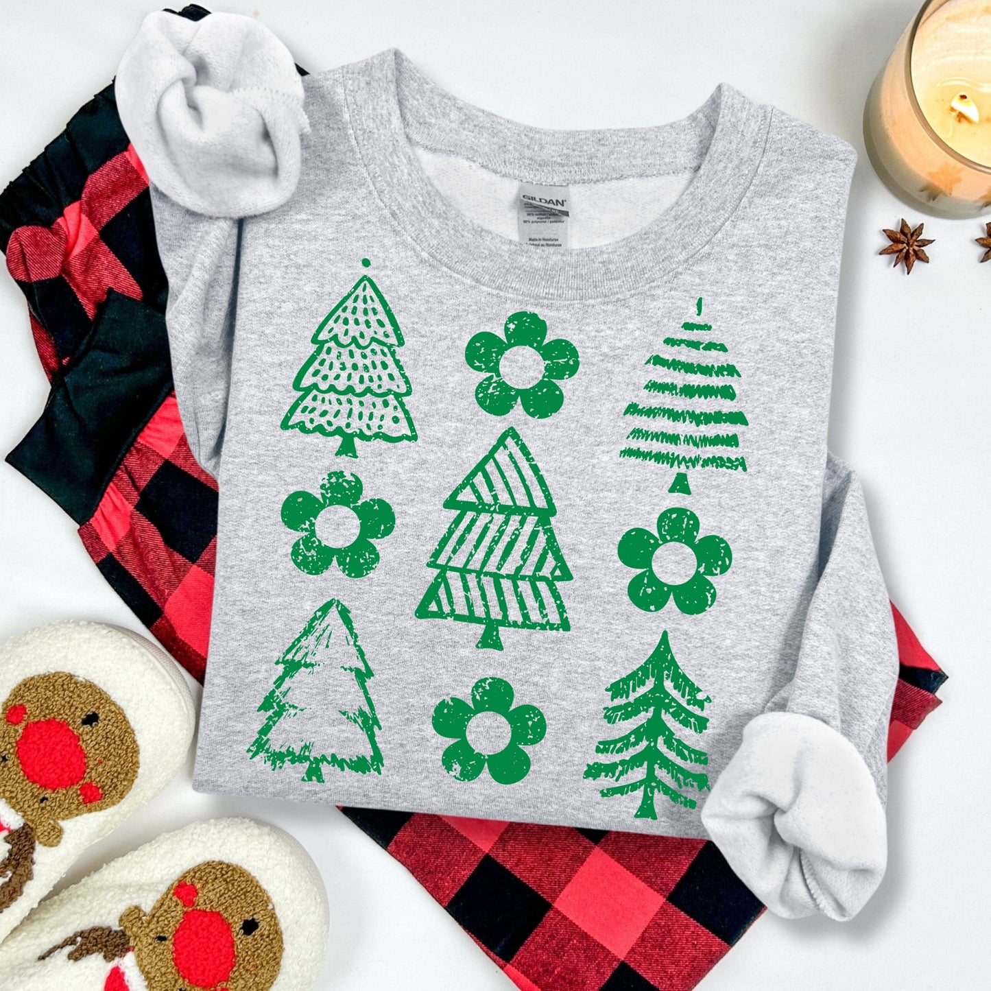 retro christmas trees green screen print transfer