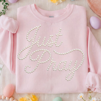 Just Pray pearls clear film screen print