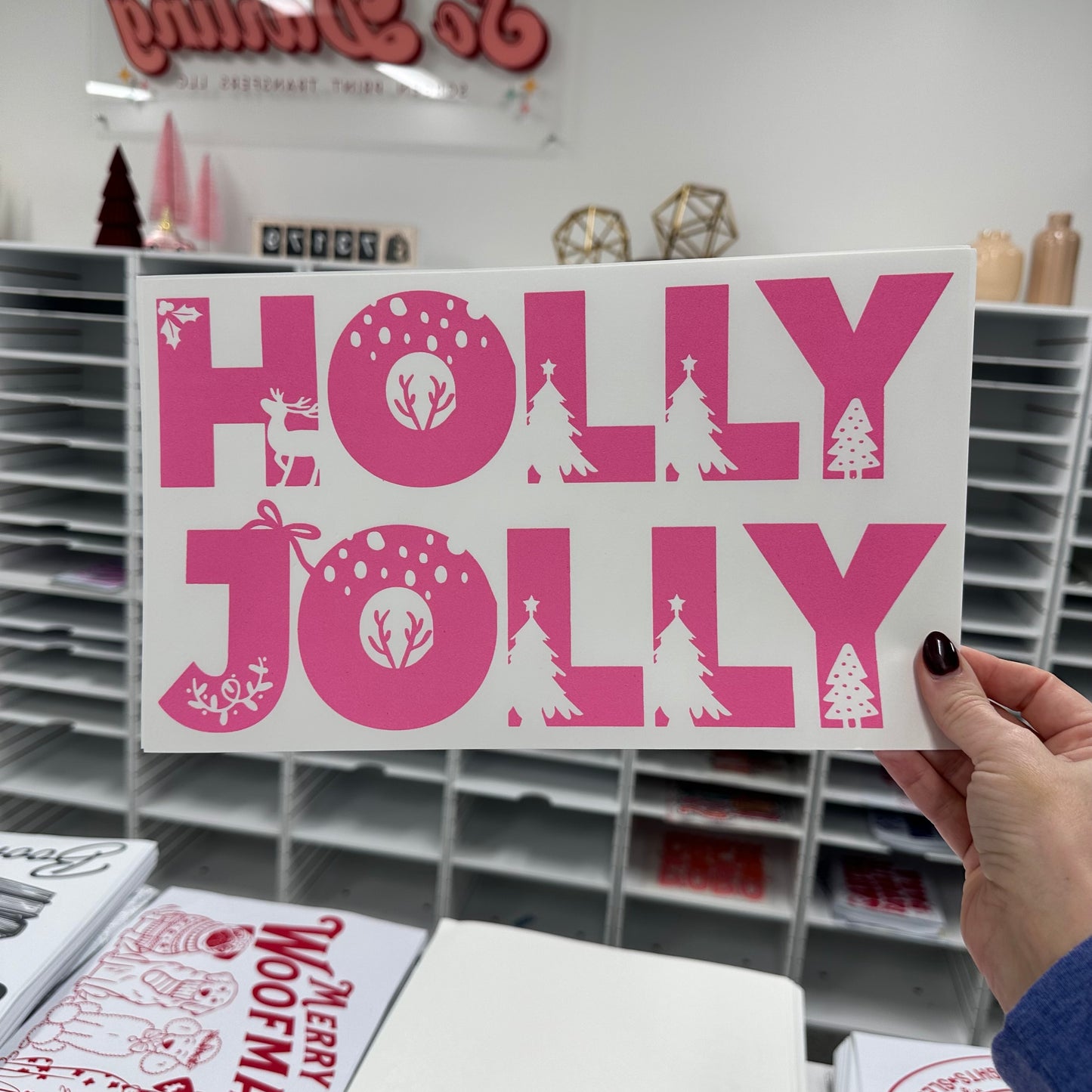 pink holly jolly screen print transfer