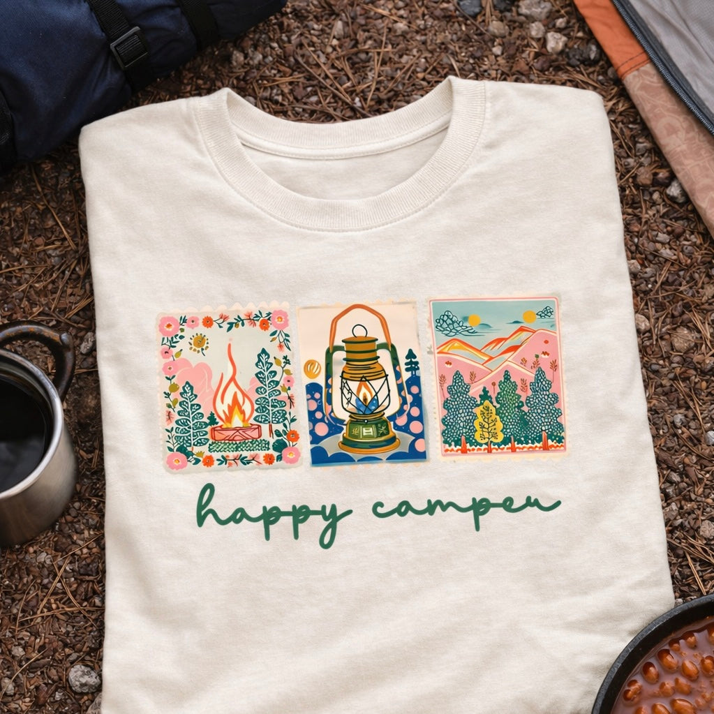 happy camper clear film screen print