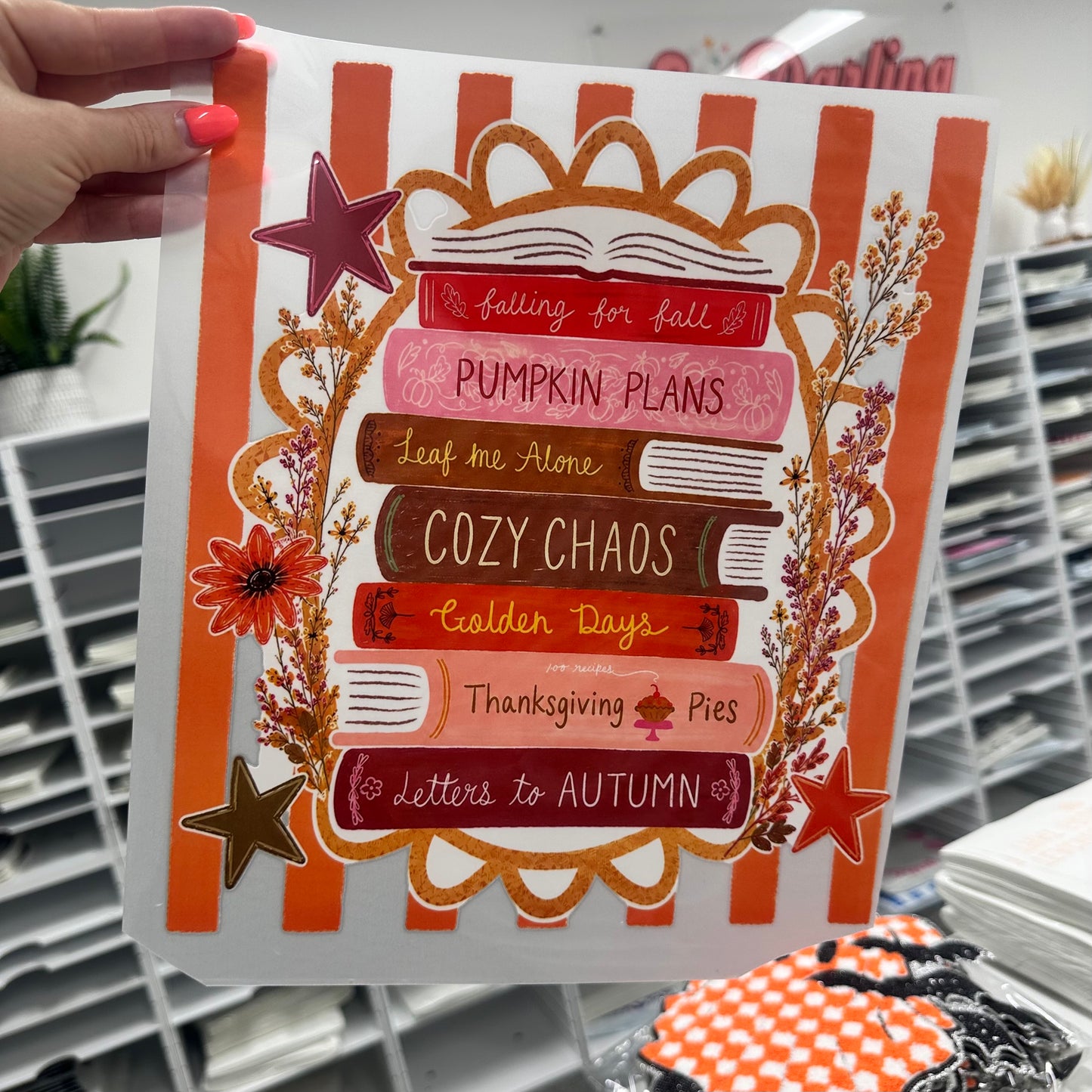 autumn book stack clear film screen print