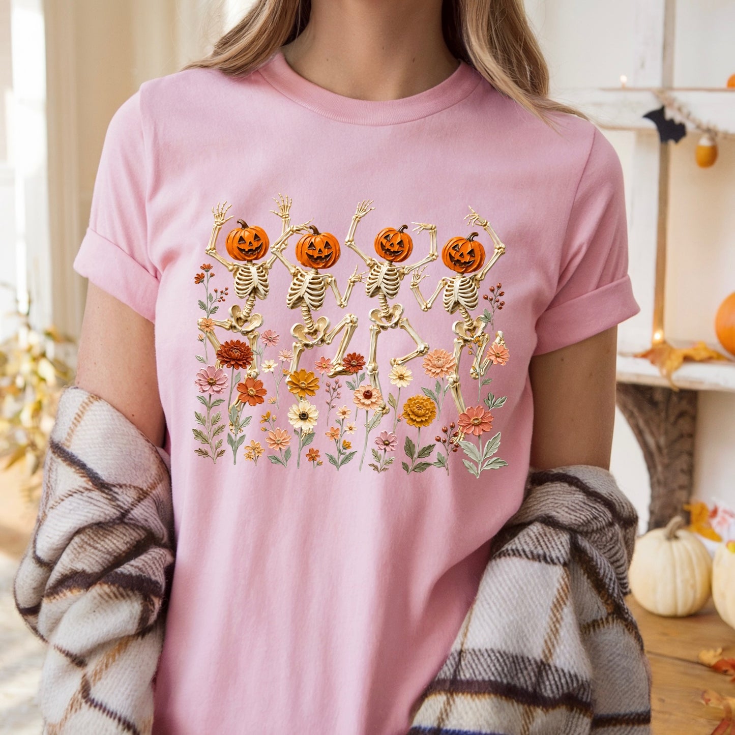 dancing skeletons fall floral clear film screen print