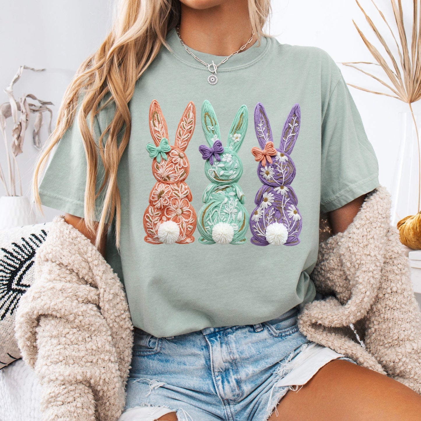 faux yarn bunny trio clear film screen print