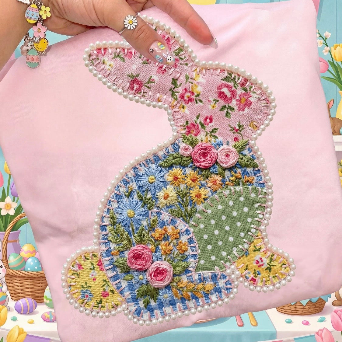 patchwork bunny clear film screen print