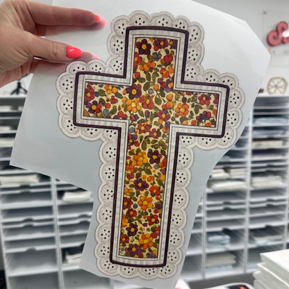 fall floral cross clear film screen print