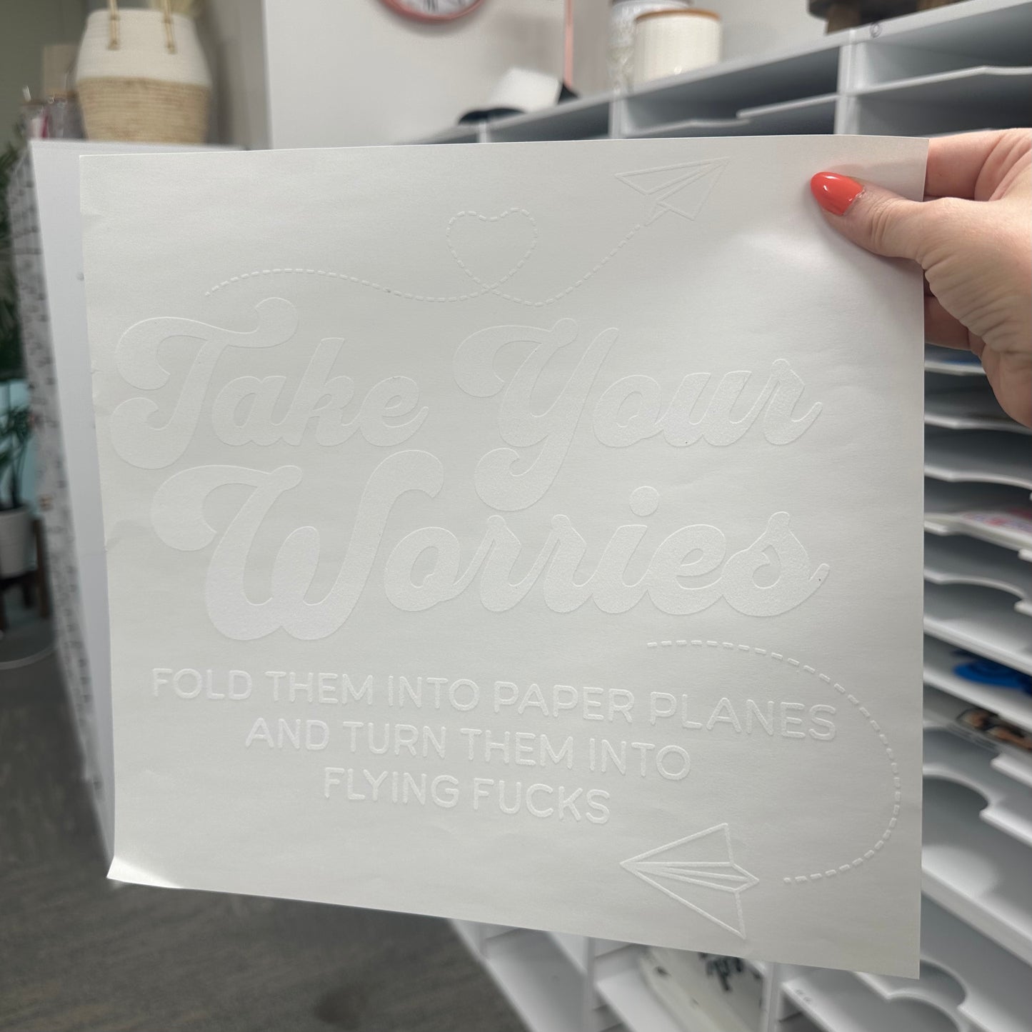 turn your worries into flying fucks screen print transfer