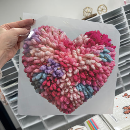 Faux yarn multi color heart clear film screen print
