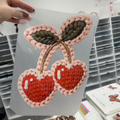 Faux yarn cherries clear film screen print
