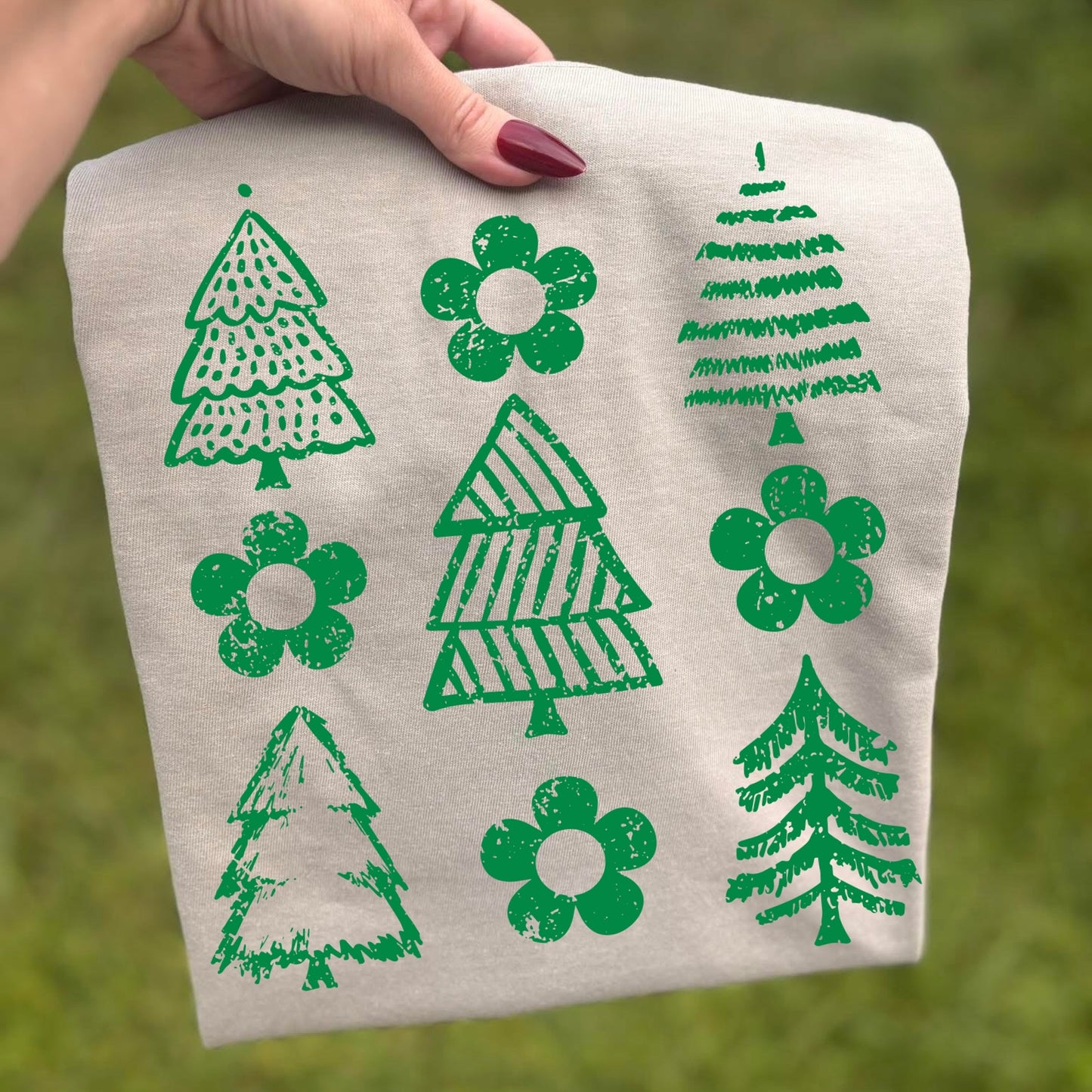 retro christmas trees green screen print transfer