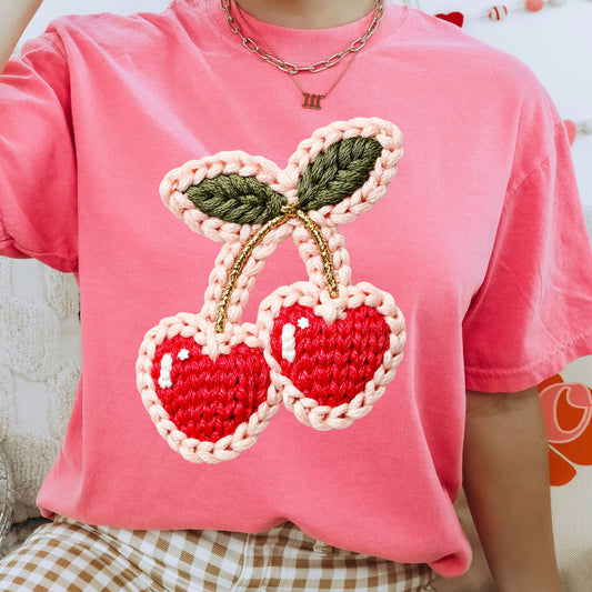 Faux yarn cherries clear film screen print