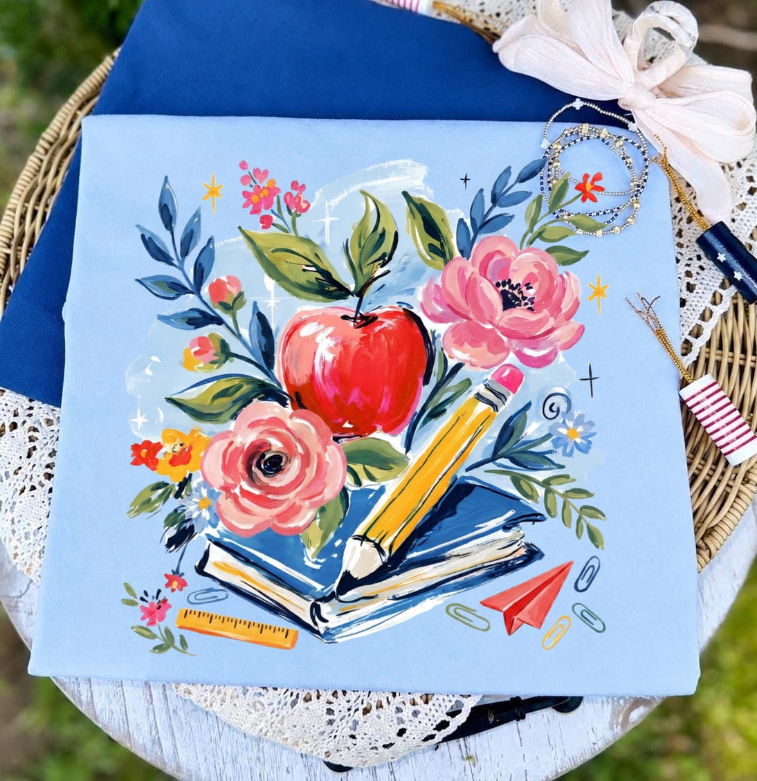 floral back to school apple clear film screen print