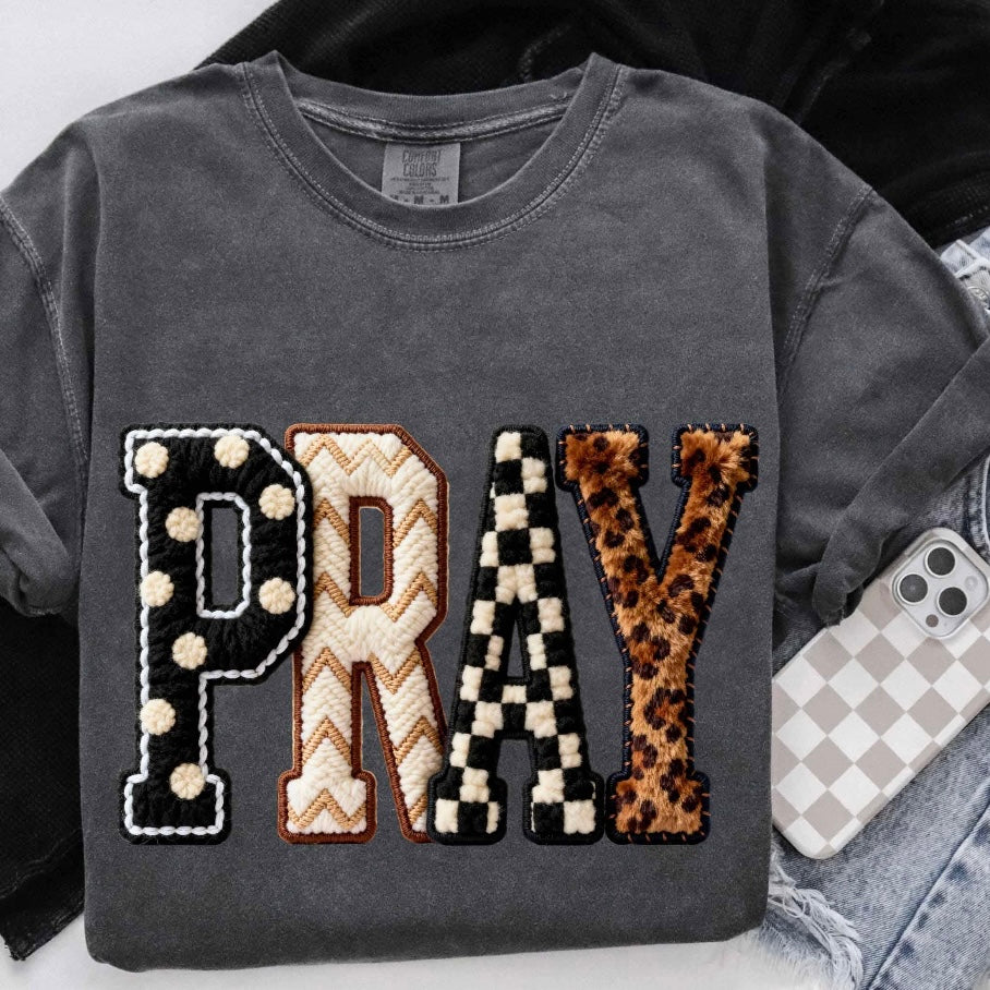 Pray faux yarn clear film screen print