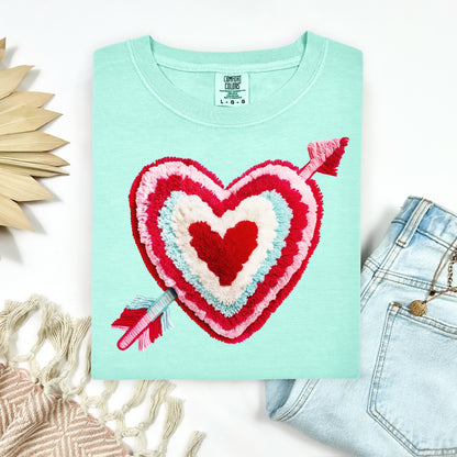Fluffy faux yarn heart clear film screen print