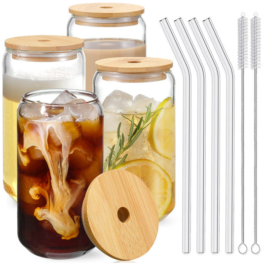 Drinking Glasses with Bamboo Lids and Glass Straw 4pcs Set - 16oz Glass Cups, Iced Coffee Glasses