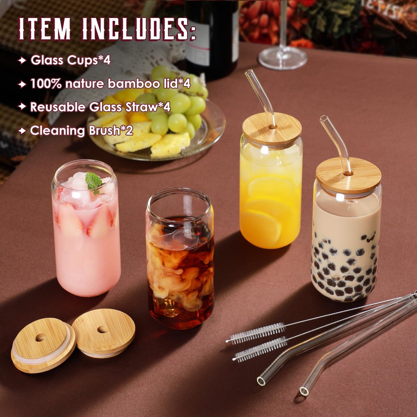 Drinking Glasses with Bamboo Lids and Glass Straw 4pcs Set - 16oz Glass Cups, Iced Coffee Glasses