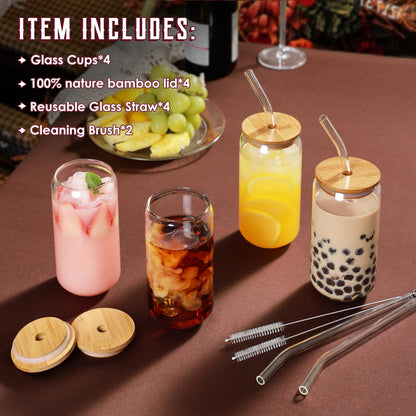 Drinking Glasses with Bamboo Lids and Glass Straw 4pcs Set - 16oz Glass Cups, Iced Coffee Glasses