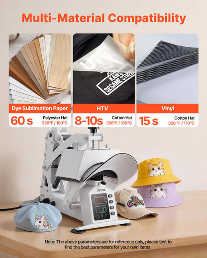 VEVOR Hat Heat Press Machine, with 4 Interchangeable Platens and Caps Stretcher, Precise Temperature & Time Control, Heat Press for Hats and Caps