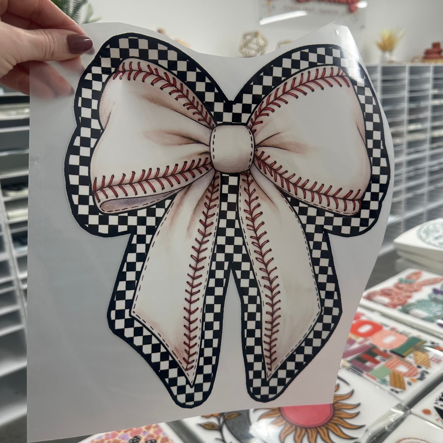 baseball checker bow clear film screen print