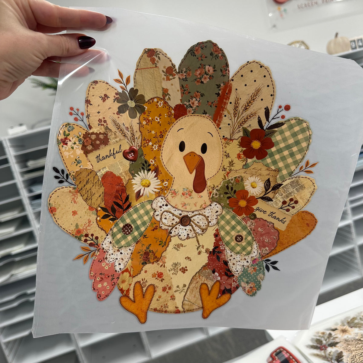 patchwork turkey clear film screen print