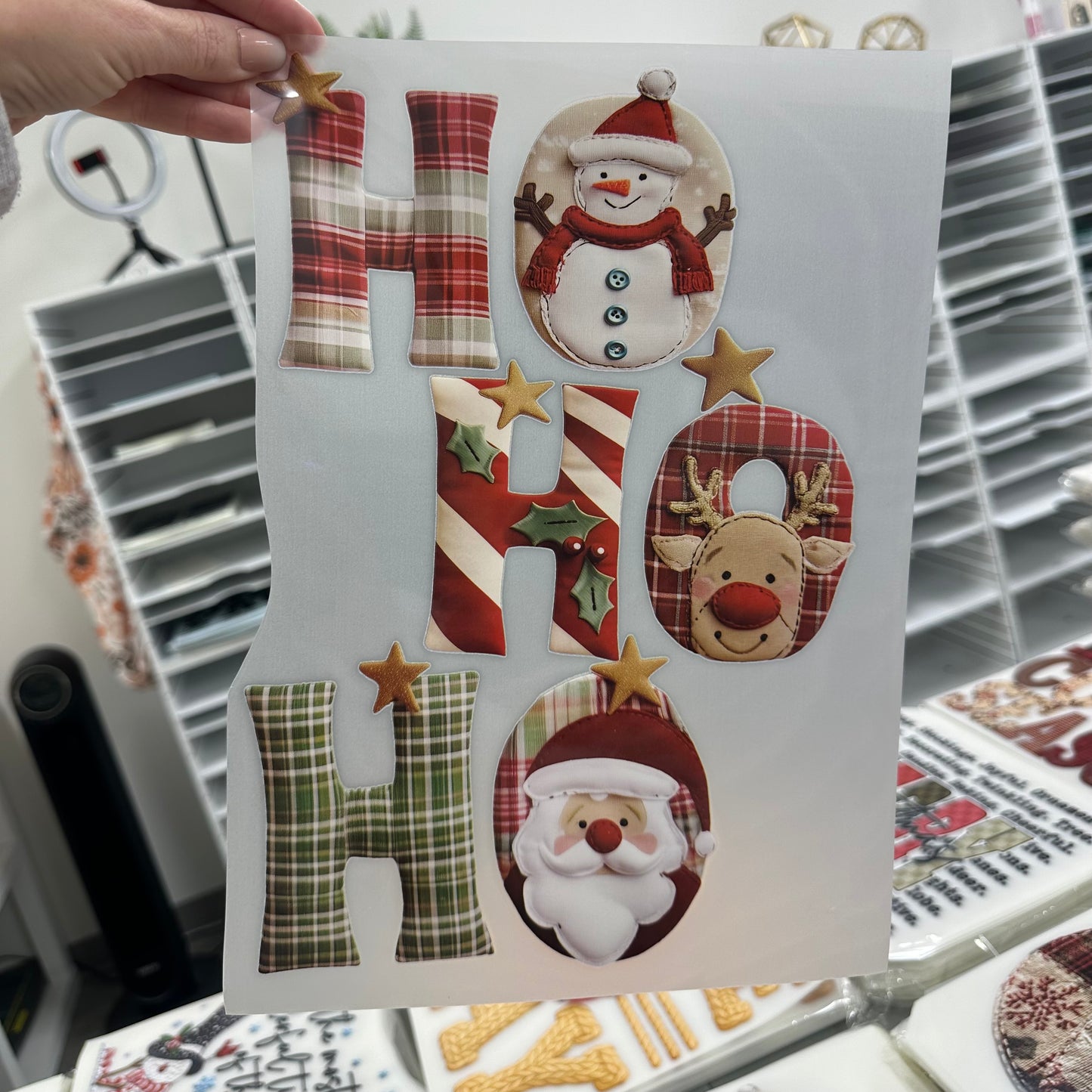 Ho Ho Ho faux fabric clear film screen print