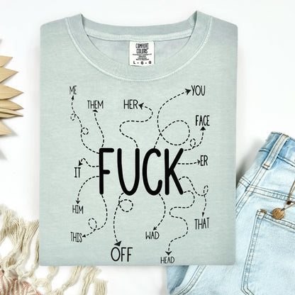 Light gray t-shirt with graphic design and text on a white background