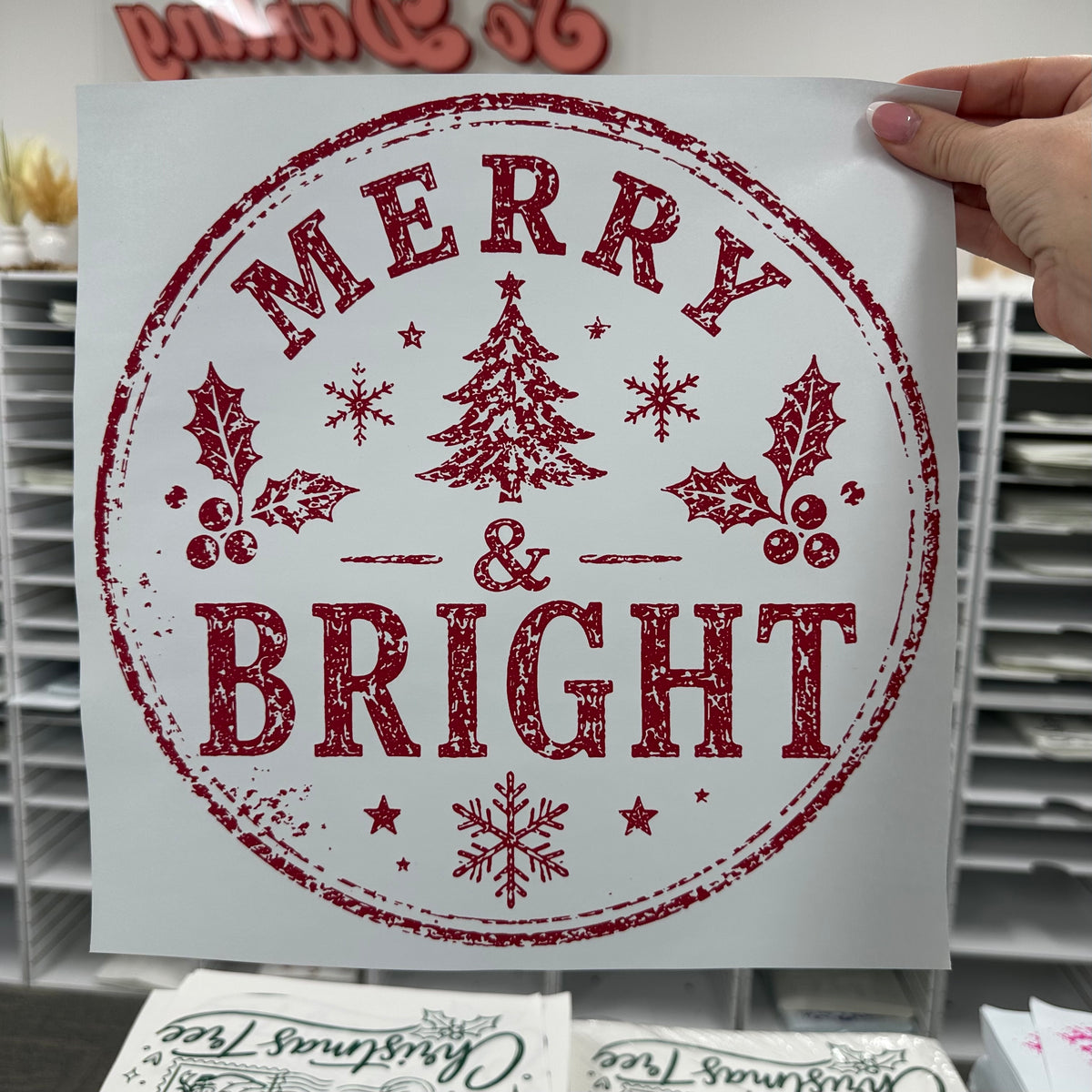merry & bright screen print transfer