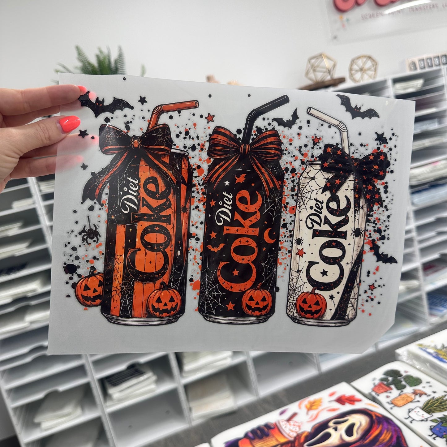 halloween diet cokes clear film screen print