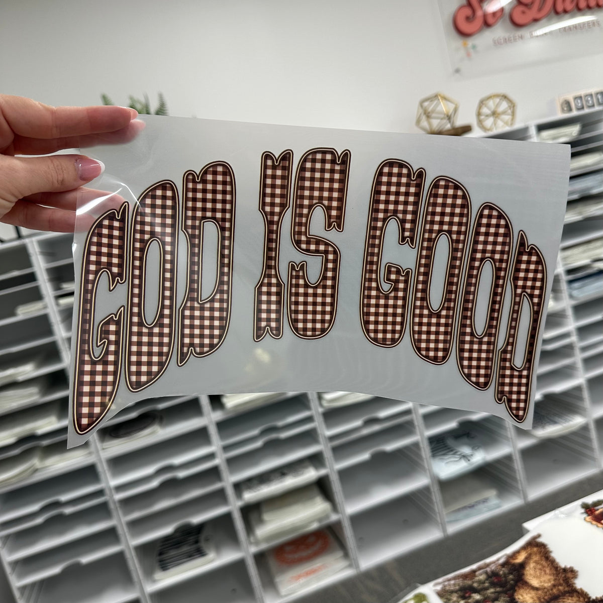 God is good gingham clear film screen print