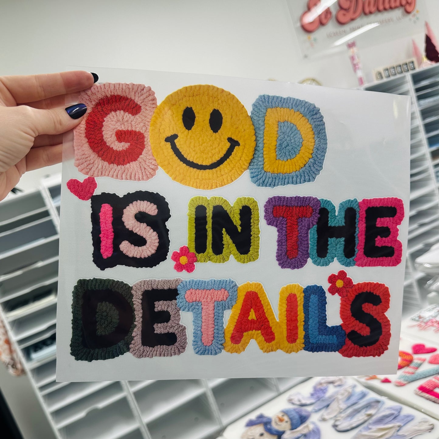 God is in the details clear film screen print