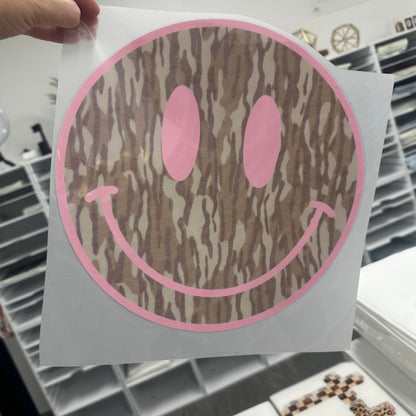camo smile face clear film screen print