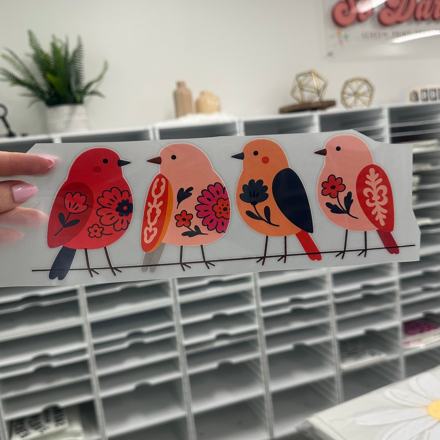 folk art birds clear film screen print