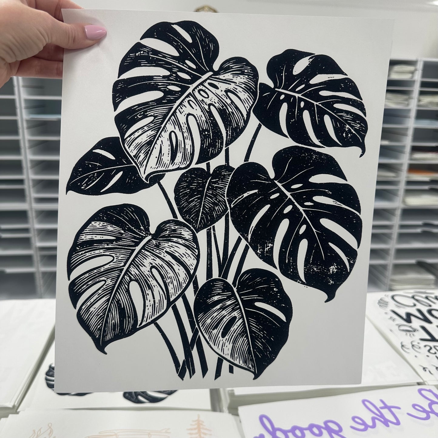 monstera plant screen print transfer