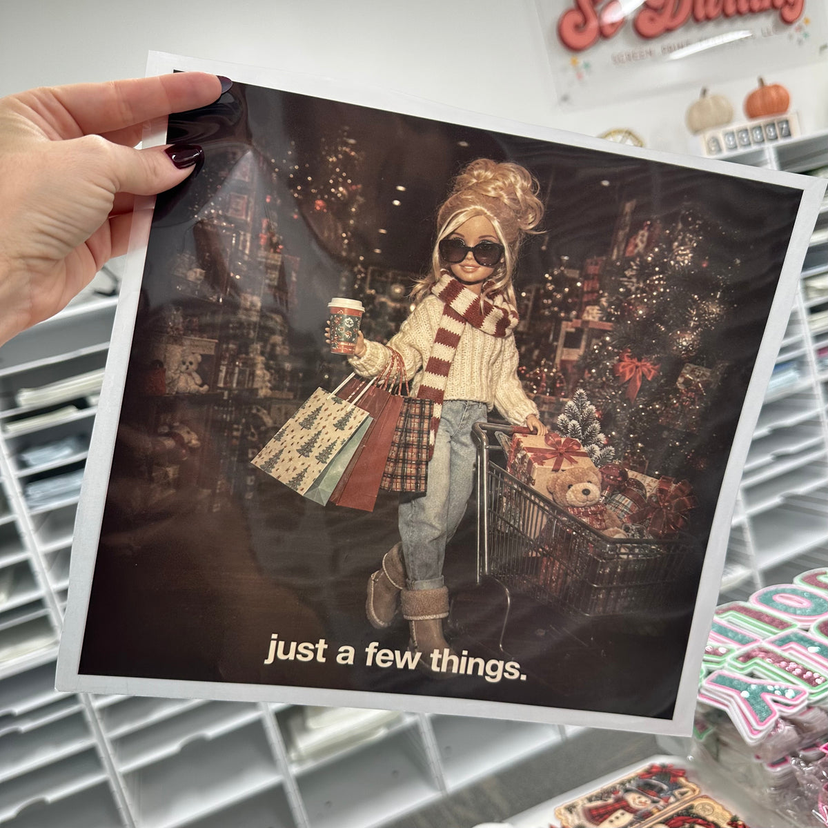 just a few things christmas shopping clear film screen print