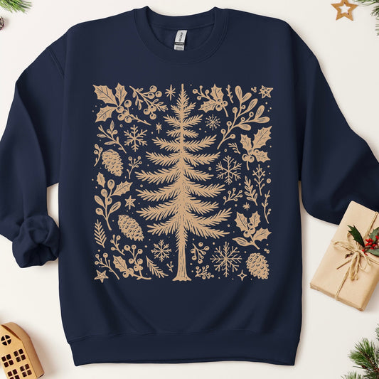 Navy blue sweatshirt with a gold Christmas tree and floral pattern on a white background.